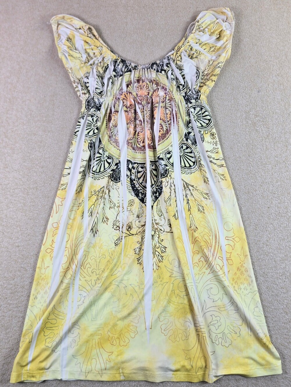 Ventti Y2K Yellow Abstract Empire Waist Stretch Dress Womens M USA Boho